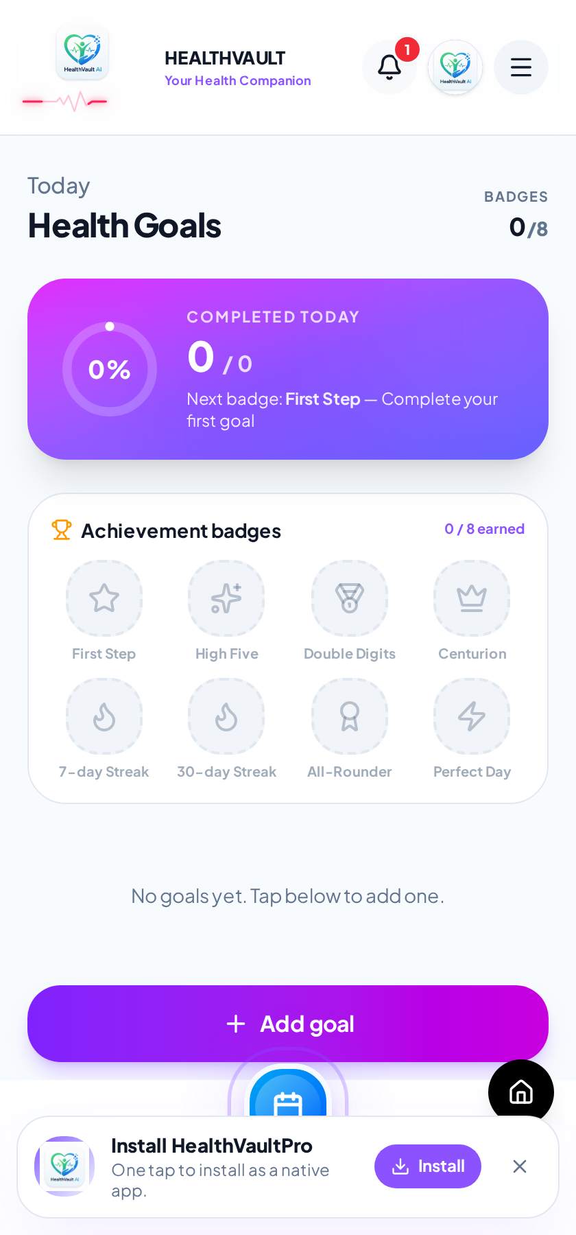 Vitals & goals screen