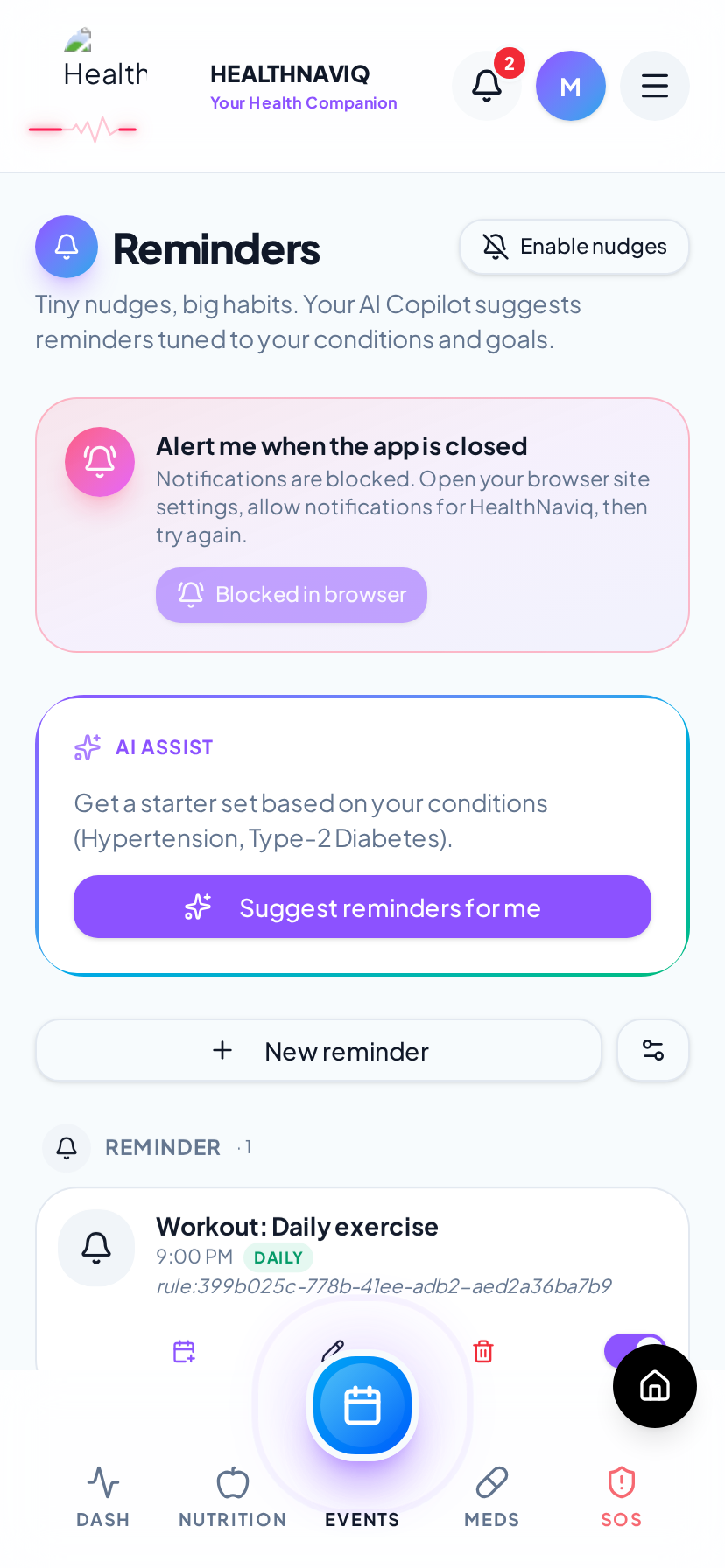 Smart reminders screen