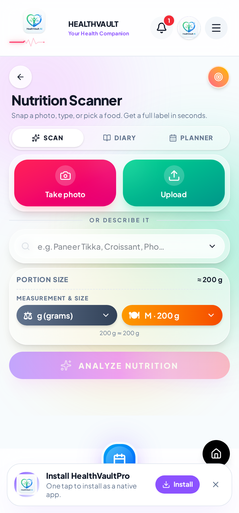 Nutrition scanner screen