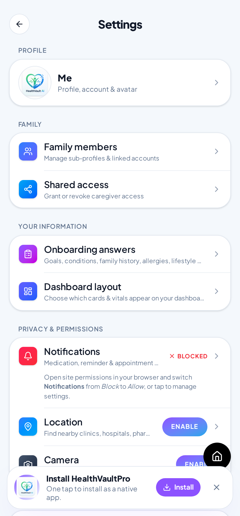 Caregiver alerts settings screen