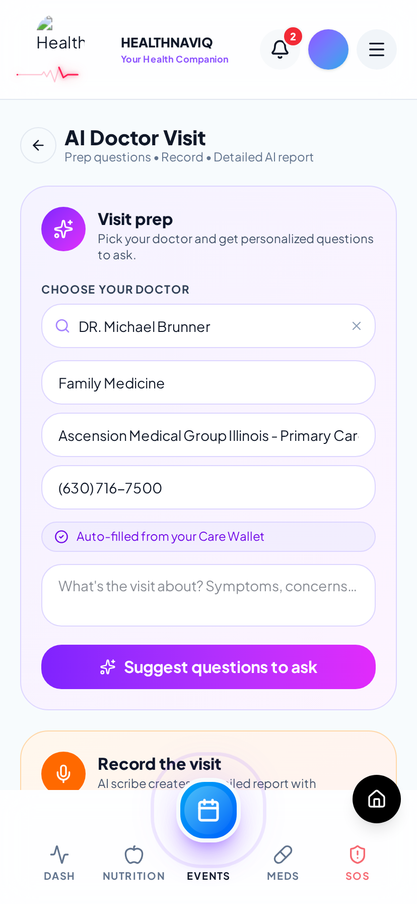Doctor & visit cards screen