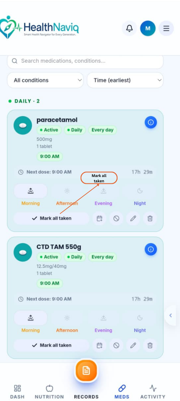 Tap Log dose / Taken